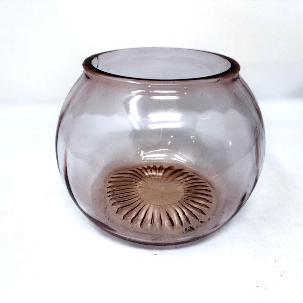 1930s Pink Depression Glass Fish Bowl Vase 4.75x6 Round Sunburst Bottom Base